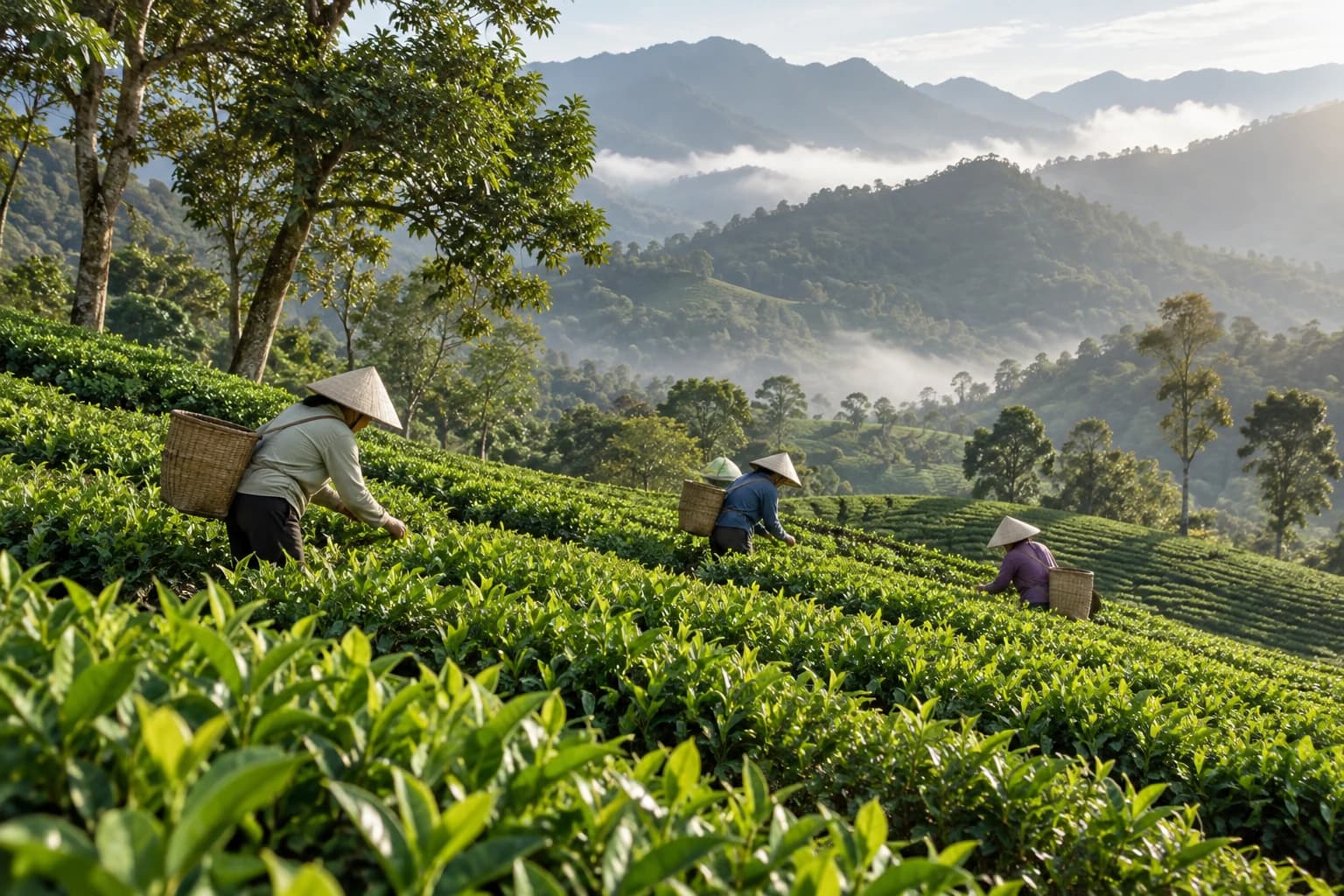 Minh họa cảnh quan vùng nguyên liệu trà Shan Tuyết trên núi