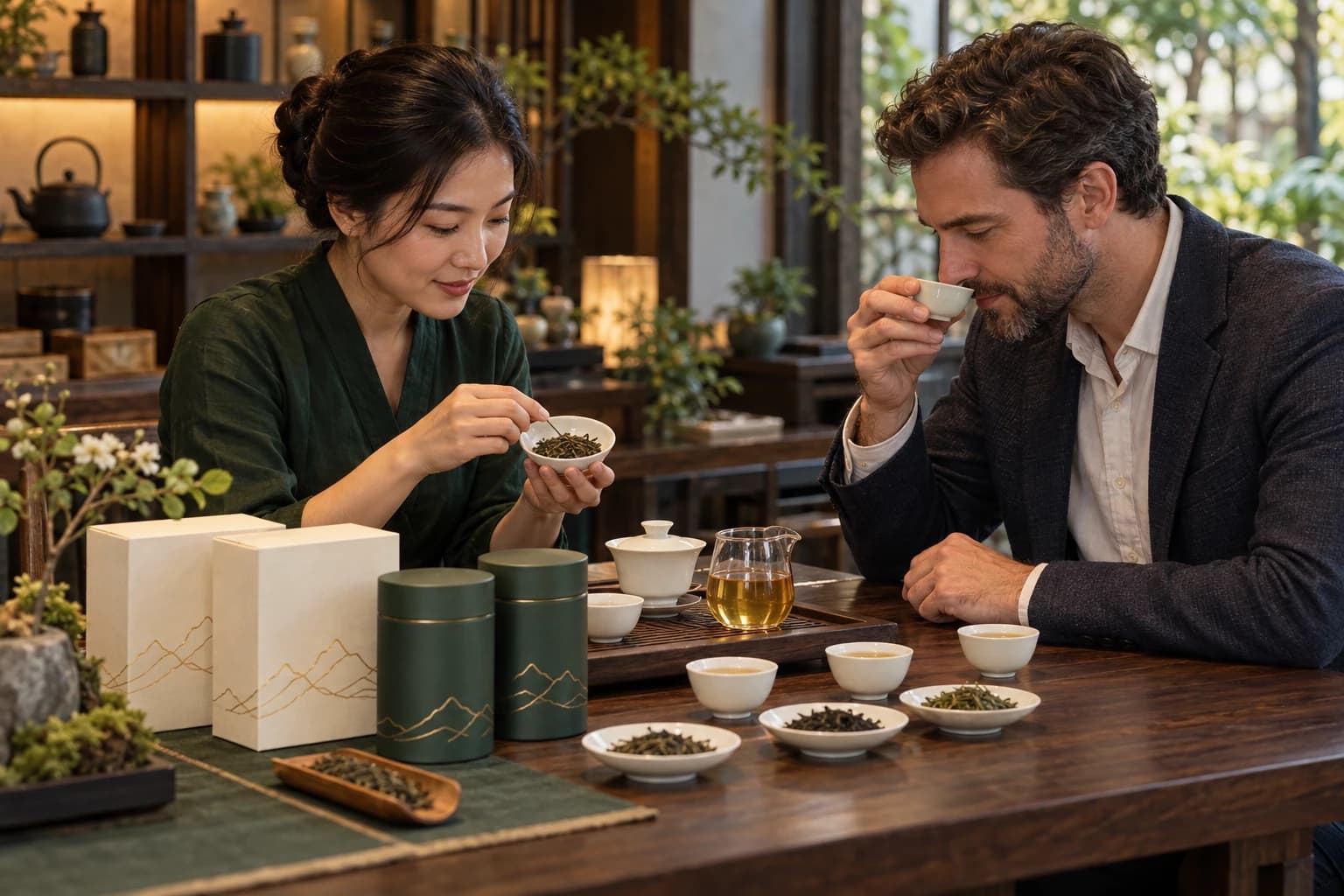 Minh họa giới thiệu sản phẩm và thưởng trà với đối tác