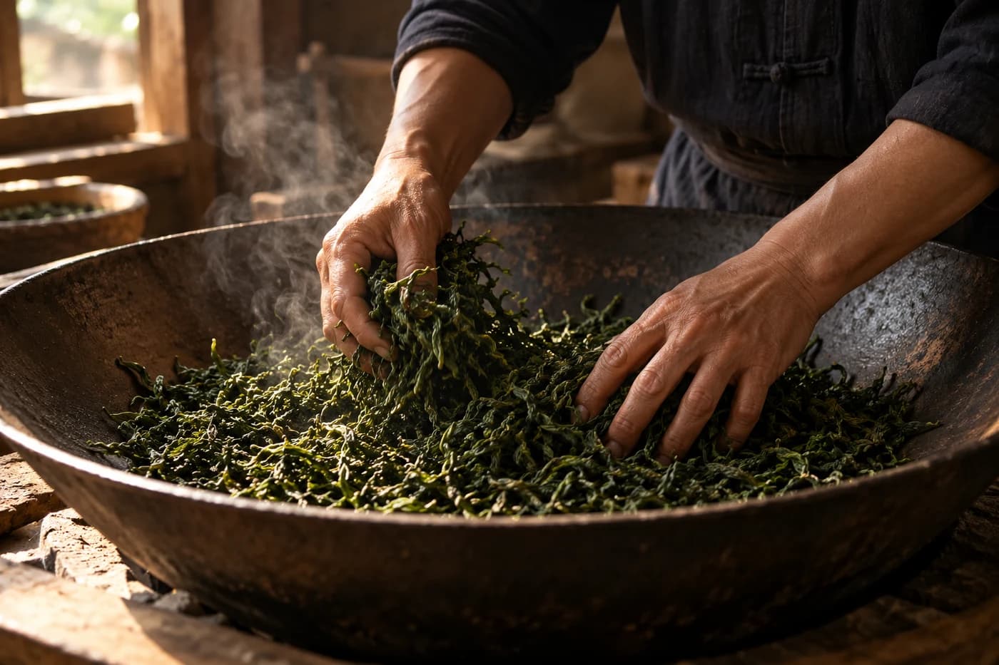 Lá trà được sao thủ công trong chảo chế biến
